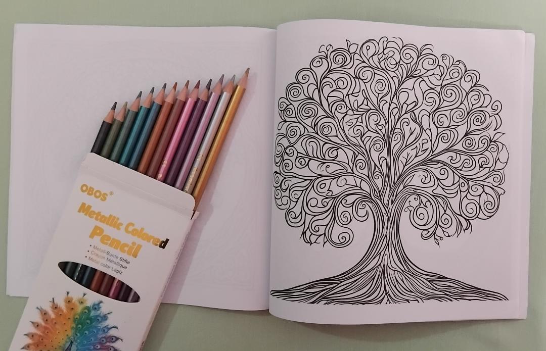 Mindful Colouring Book & 12 Metallic Colouring Pencils