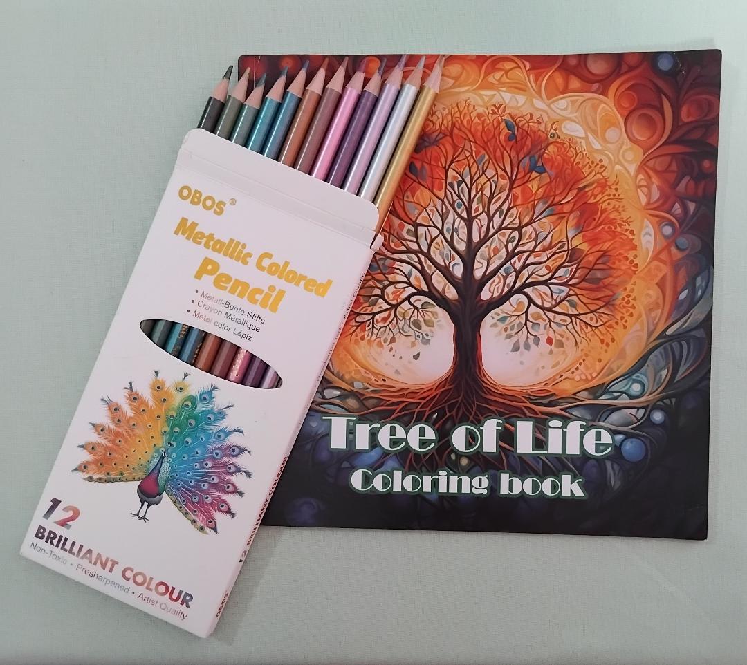 Mindful Colouring Book & 12 Metallic Colouring Pencils